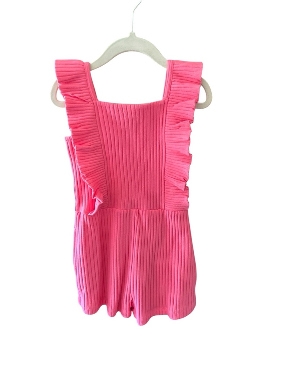 Kate Quinn-Hibiscus Hot PiNK Pinafore Ruffle ribbed shorts Romper-Toddler 4T